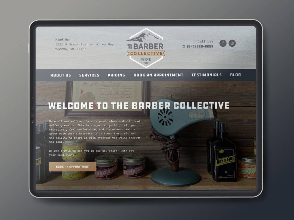 The Barber Collective website homepage, pictured on an iPad Pro in landscape mode.