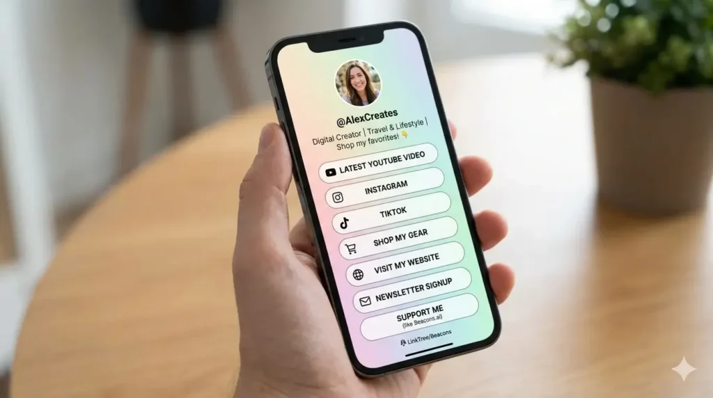 A smartphone screen with a Linktree-style "link-in-bio" solution pulled up